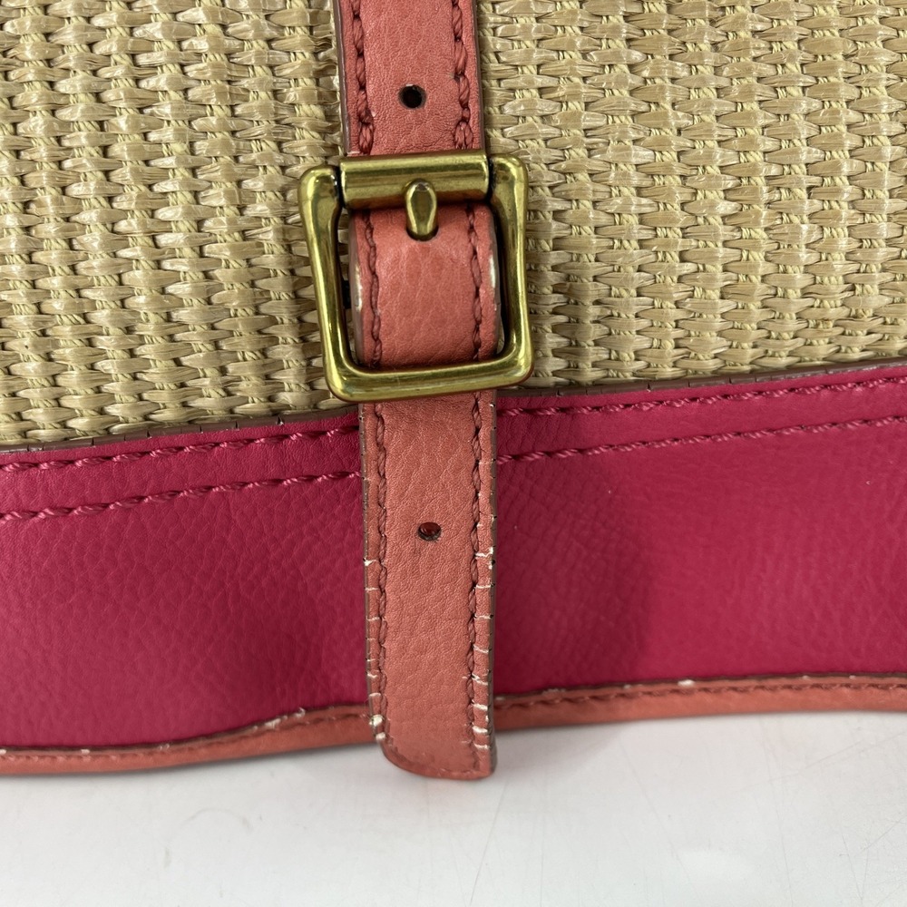 Rare Vintage Fossil Crossbody Messenger Straw & Leather Tablet Bag Pink Coral - Picture 2 of 16